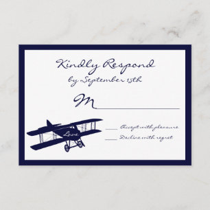 Vintage Biplane Aviator Blue Wedding RSVP Cards Karte