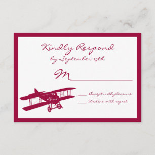 Vintage Biplane Aviator Magenta Wedding RSVP Cards Karte