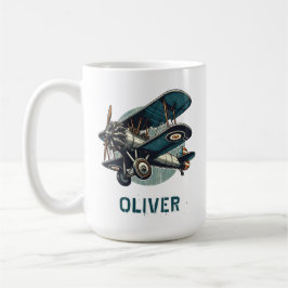Vintage Biplane-Illustration in beschädigter Retro Kaffeetasse