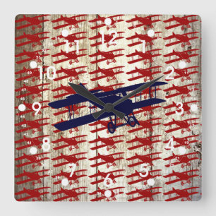 Vintage Biplane on Barn Wood Aviation Gifts Quadratische Wanduhr