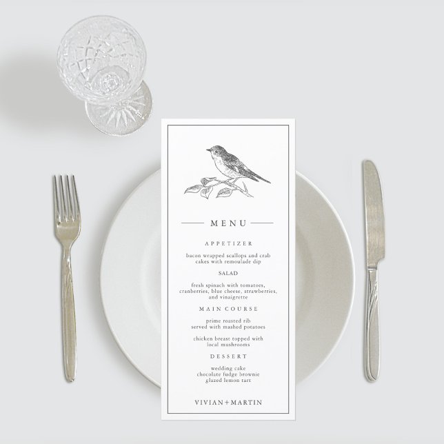 Vintage Bird Black and White Wedding Menükarte (Von Creator hochgeladen)