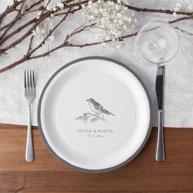Vintage Bird Black and White Wedding Pappteller (Von Creator hochgeladen)