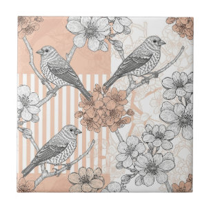 Vintage Bird Blossom Toile Streifen (3) Fliese