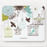 Vintage Birdcages Floral Personalisiert Mousepad<br><div class="desc">Maßgeschneidertes Blumenmousepad mit Illustrationen von Blume,  Liebhabern und Vintagen Vogelkäfigen.</div>