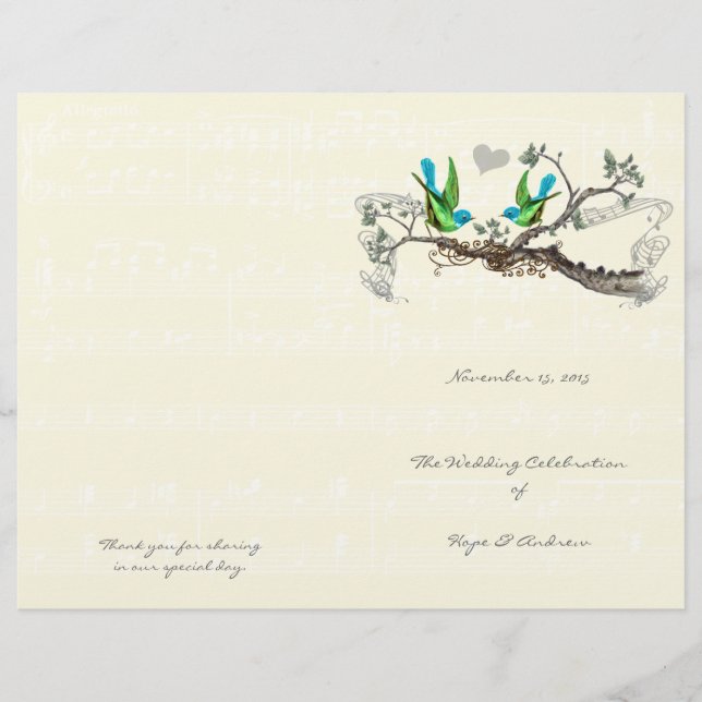 Vintage Birds Blau & Grün Hochzeitsprogramm (Vorderseite)
