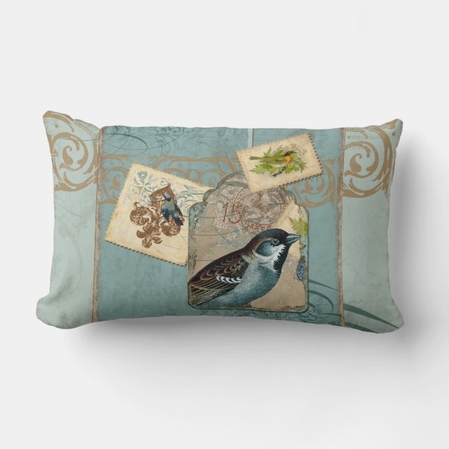 Vintage Birds Blumenpostage Briefmarke Swirl Zweig Lendenkissen (Vorderseite)