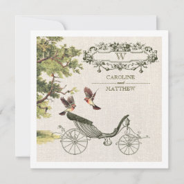 Vintage Birds- & Carriage Burlap Texture Wedding Einladung