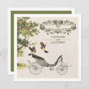 Vintage Birds- & Carriage Burlap Texture Wedding Einladung