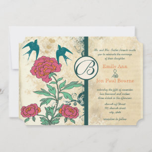 Vintage Birds Damask Cabbage Rose Hochzeit Einladu Einladung