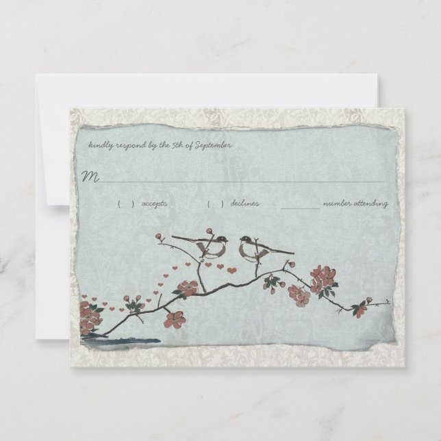 Vintage Birds Damask Hochzeit UAWG RSVP Karte (Vorderseite)