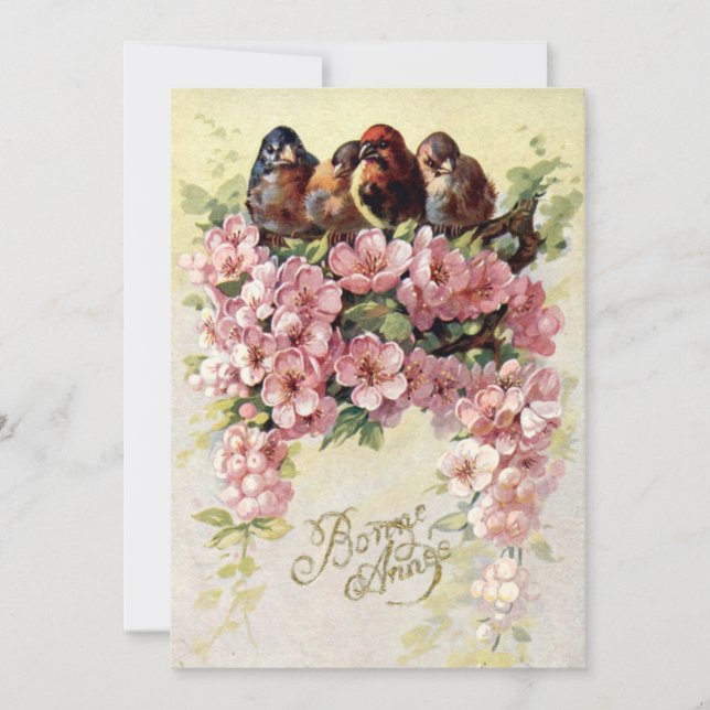 Vintage Birds & Flowers Bon Annee Feiertagskarte (Vorderseite)