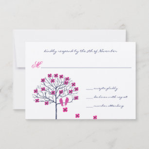 Vintage Birds Fuchsia & Navy Hochzeits-Einladung RSVP Karte