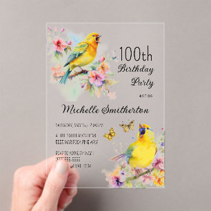 Vintage Birds Kanarienvögel Blumen 100. Geburtstag Acryleinladungen