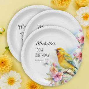 Vintage Birds Kanarienvögel Blumen 100. Geburtstag Pappteller