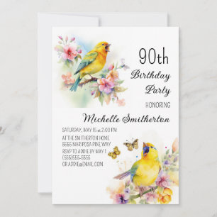 Vintage Birds Kanarienvögel Blumen 90. Geburtstag Einladung