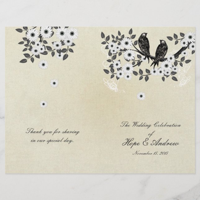 Vintage Birds Pergament-Falt-Hochzeitsprogramm (Vorderseite)