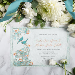 Vintage Birds Türkis und Orange Damask Hochzeit Einladung
