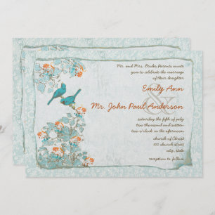 Vintage Birds Türkis und Orange Damask Hochzeit Einladung