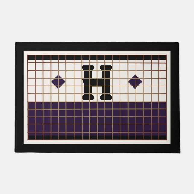 Vintage Bistro Tile Lila und Gold Monogramm Fußmatte (Vorderseite)