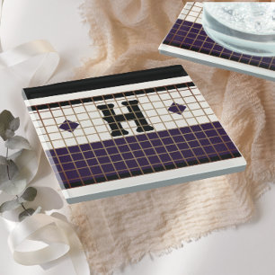 Vintage Bistro Tile Lila und Gold Monogramm Glasuntersetzer