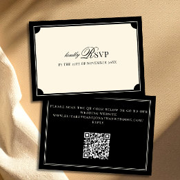 Vintage Black and Ivory Old Money QR Code Wedding RSVP Karte