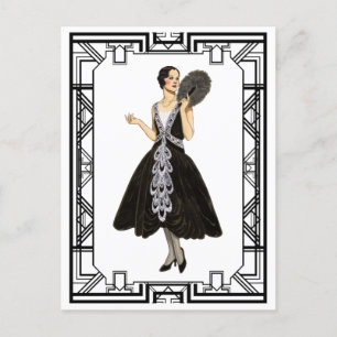 Vintage Black and White Flapper Evening Dress Postkarte