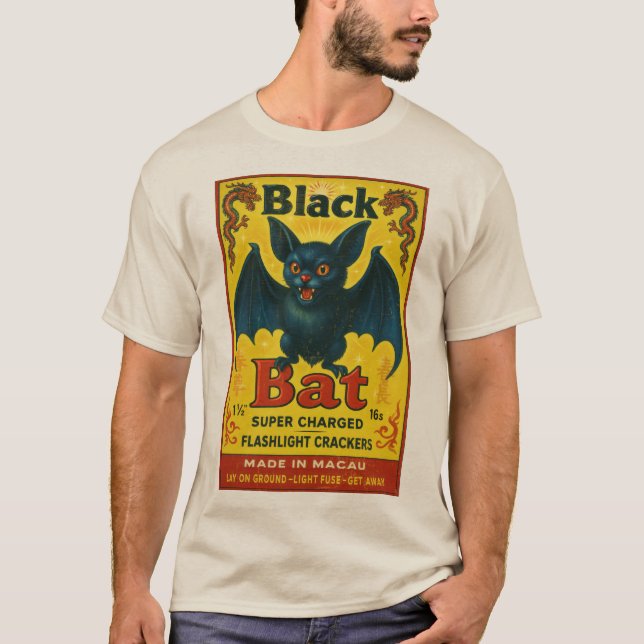 Vintage Black Bat Firecracker Label T-Shirt (Vorderseite)