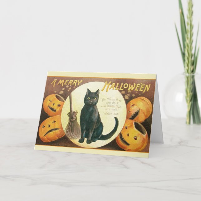 Vintage Black Cat Halloween Grußkarte Karte (Vorderseite)