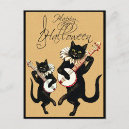 Vintage Black Cat Music mit Banjo Happy Halloween Postkarte
