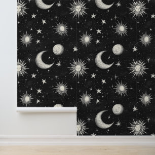 Vintage Black Chalkboard Night Sky Stars & Moons Tapete