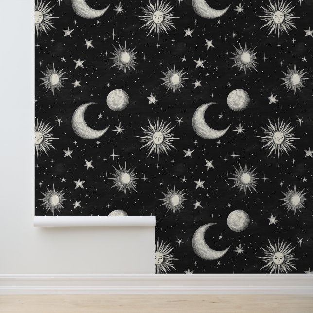 Vintage Black Chalkboard Night Sky Stars & Moons Tapete (Anwendung)