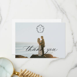 Vintage Black Crest Monogram Wedding Photo Dankeskarte