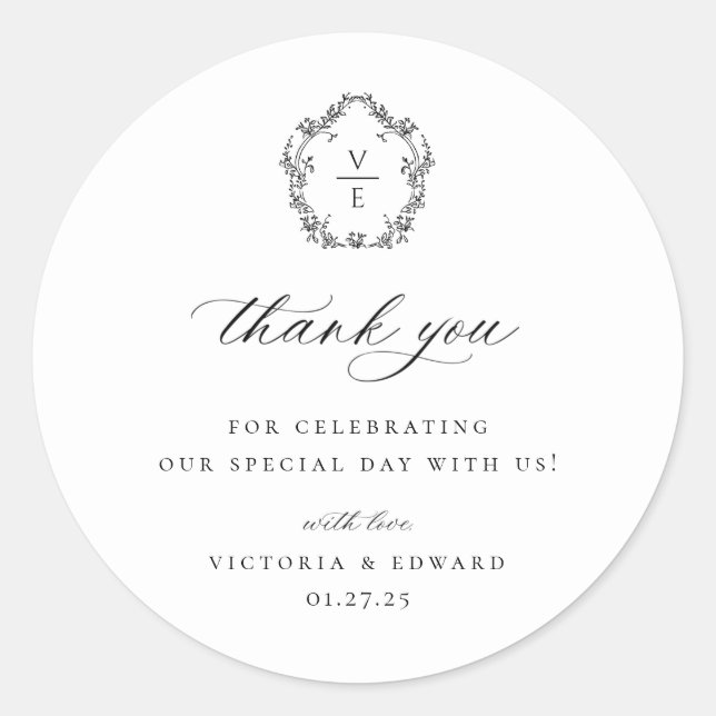 Vintage Black Crest Monogram Wedding Thank You Runder Aufkleber (Vorderseite)