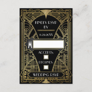 Vintage Black & Gold Art Deco RSVP Karten für Hoch