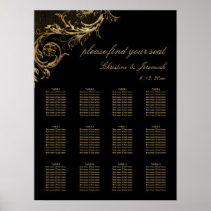 Vintage Black Gold Damask Hochzeitssitze Poster