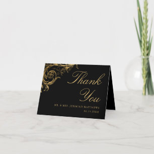 Vintage Black Gold Floral Damask Script Hochzeit Dankeskarte