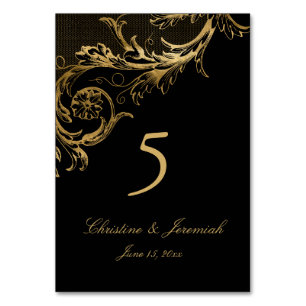 Vintage Black Gold Floral Damask Script Hochzeit Tischnummer