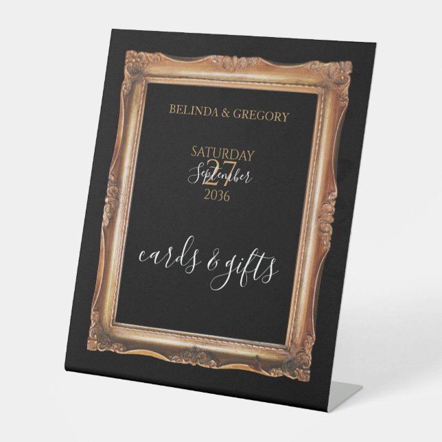 Vintage Black & Gold Hochzeitkarten & Geschenke Sockelschild (Vorderseite)