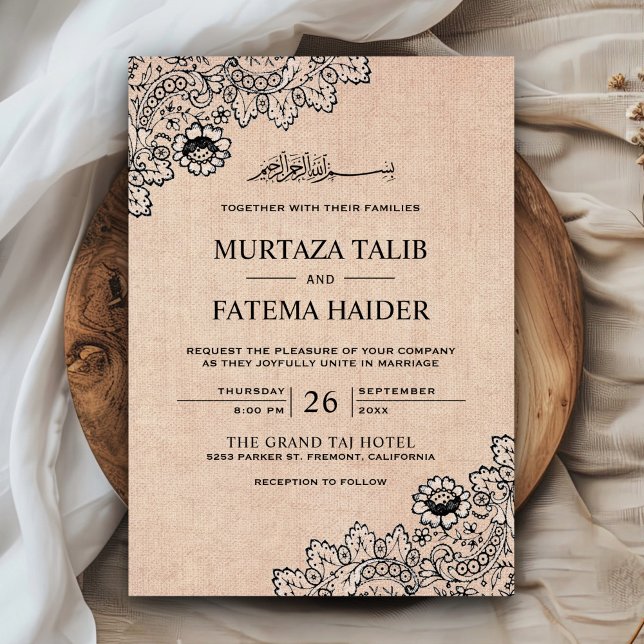 Vintage Black Lace Rustic Burlap Islamic Wedding Einladung (Von Creator hochgeladen)