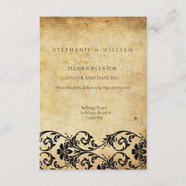 Vintage Black Swirl Damask Wedding Empfang Card Begleitkarte (Vorderseite)