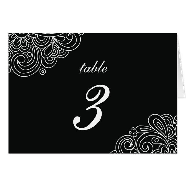 Vintage Black Swirl Damask Wedding Tischnummer (Vorderseite (Horizontal))