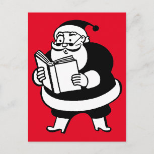 Vintage Black & White Reading Santa On Red Feiertagspostkarte