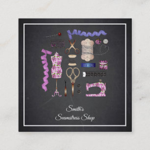 Vintage Blackboard Seamstress Square Business Card Quadratische Visitenkarte