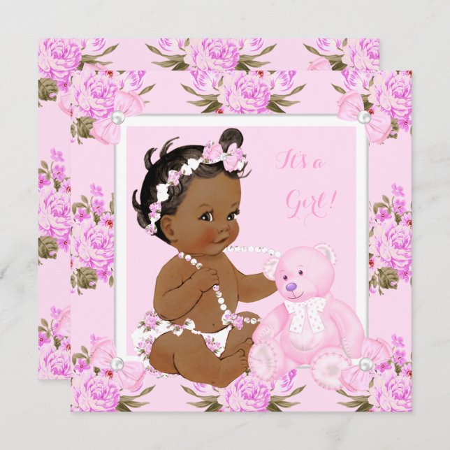 Vintage BläserBaby-Dusche Girl Pink Bear Ethnisch Einladung (Vorne/Hinten)