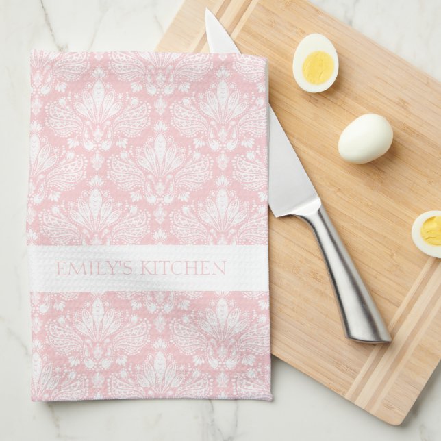 Vintage, blass-rosa Damasken Geschirrtuch (Viertel Falte)