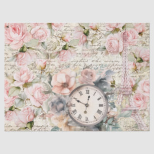 Vintage, blassrosa Rosen, alte Buchstabenuhr Seidenpapier