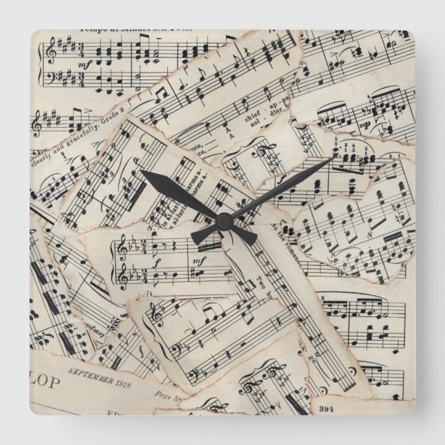 Vintage Blatt-Musik-Papier-Collage Quadratische Wanduhr (Vorderseite)