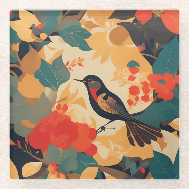 Vintage Blätter für Vogelblumen Glasuntersetzer (Vorderseite)