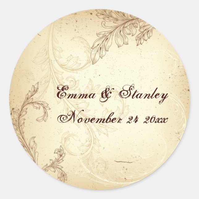 Vintage Blätterblattbraun Hochzeit Sichern des Dat Runder Aufkleber (Vorderseite)