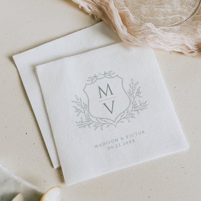 Vintage-Blattwappen-Monogramm Salbeigrüne Hochzeit Serviette (Von Creator hochgeladen)